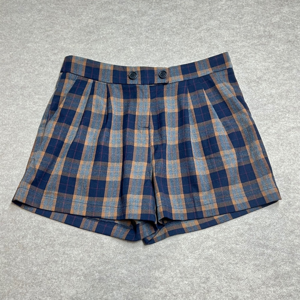 Potters Pot Womens Plaid Pleated Shorts Navy Orange High Waist Sz L Made in USA